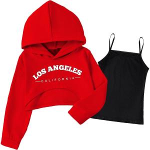 Arshiner Girls Cropped Sweatshirt Long Sleeve Shirts High Low Hem Crop Tops for Teens Kids Hoodies with Cami 5-14 Years(Red & Black)