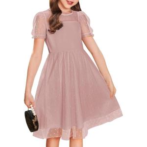 Arshiner Girls Dress Contrast Mesh Puffy Short Sleeve A Line Casual Party Dress 3-12 Years(Dusty Pink)