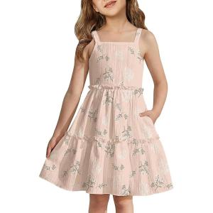 Arshiner Girls Spaghetti Strap Dress Toddler Summer Dresses Kids Beach Casual Sundresses with Pockets for 1-7t(Beige Floral)