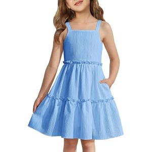 Arshiner Girls Spaghetti Strap Dress Toddler Summer Dresses Kids Beach Casual Sundresses with Pockets for 1-7t(Blue)