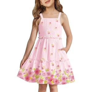 Arshiner Girls Spaghetti Strap Dress Toddler Summer Dresses Kids Beach Casual Sundresses with Pockets for 1-7t(Pink Floral)
