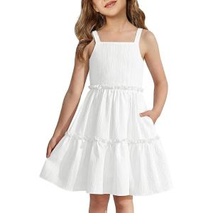 Arshiner Girls Spaghetti Strap Dress Toddler Summer Dresses Kids Beach Casual Sundresses with Pockets for 1-7t(White)