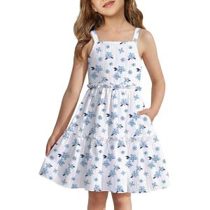 Arshiner Girls Spaghetti Strap Dress Toddler Summer Dresses Kids Beach Casual Sundresses with Pockets for 1-7t(White Blue Floral)