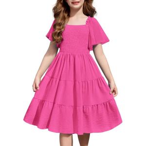 Arshiner Girls Summer Dress Tween Boho Casual Smocked Swing Flowy Ruffle Midi Dresses with Pockets(Hot Pink)