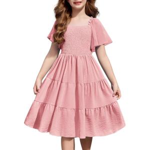 Arshiner Girls Summer Dress Tween Boho Casual Smocked Swing Flowy Ruffle Midi Dresses with Pockets(Light Pink)