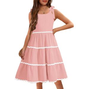 Arshiner Girls Summer Sleeveless Bow-Tie Straps Sundress Flowy Smocked Backless Tiered Lace Swing Midi Dress with Pockets(Light Pink)