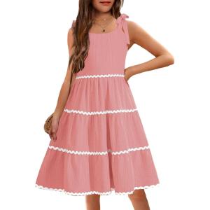 Arshiner Girls Summer Sleeveless Bow-Tie Straps Sundress Flowy Smocked Backless Tiered Lace Swing Midi Dress with Pockets(Pastel Pink)