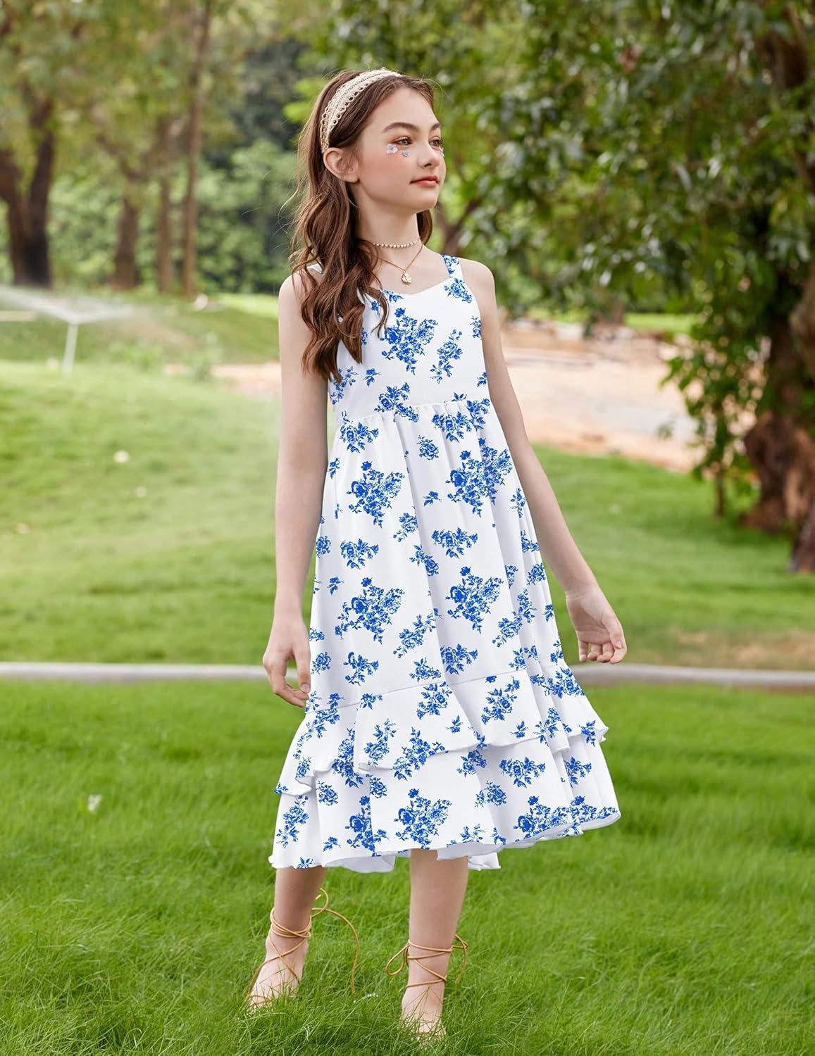 image:imageArshiner Girls Cami Summer Dress Casual Sleeveless Sundress with Pockets for 514 YBlue Floral