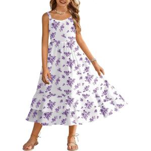 Arshiner Girls Cami Summer Dress Casual Sleeveless Sundress with Pockets for 5-14 Y(Purple Floral)