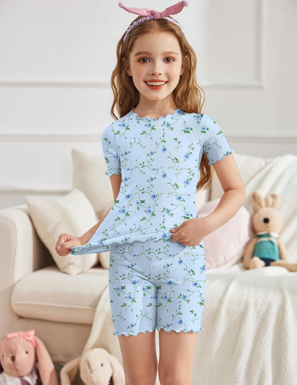 image:imageArshiner Girls Pajamas Cute Lettuce Loungewear Snug Fit Pjs Set Kid Summer SleepwearBlue Flowers