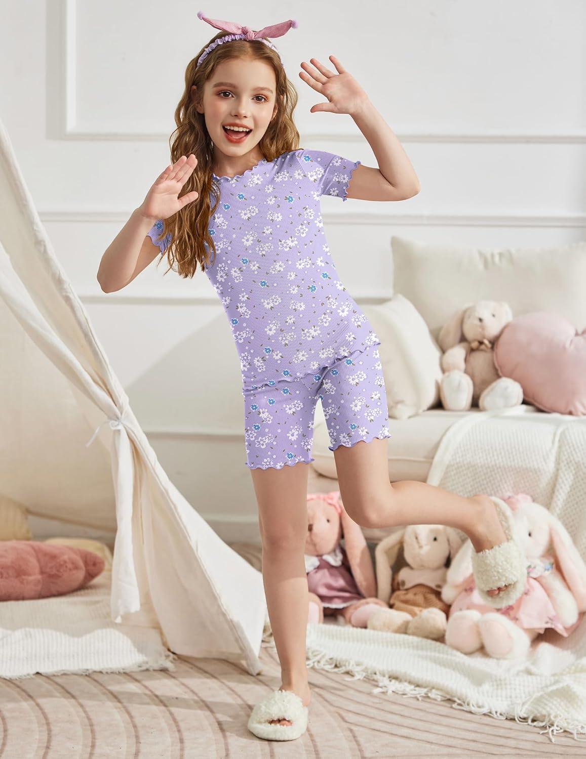image:imageArshiner Girls Pajamas Cute Lettuce Loungewear Snug Fit Pjs Set Kid Summer SleepwearLight Purple Flowers