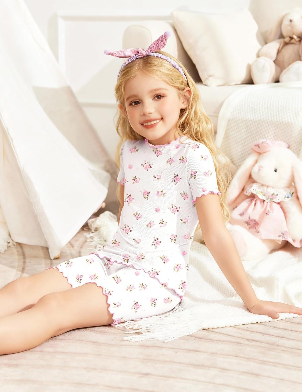 image:imageArshiner Girls Pajamas Cute Lettuce Loungewear Snug Fit Pjs Set Kid Summer SleepwearWhite Flowers