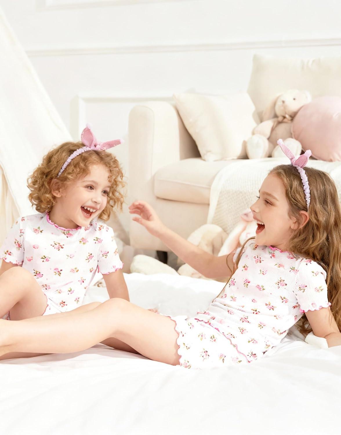 image:imageArshiner Girls Pajamas Cute Lettuce Loungewear Snug Fit Pjs Set Kid Summer SleepwearWhite Flowers
