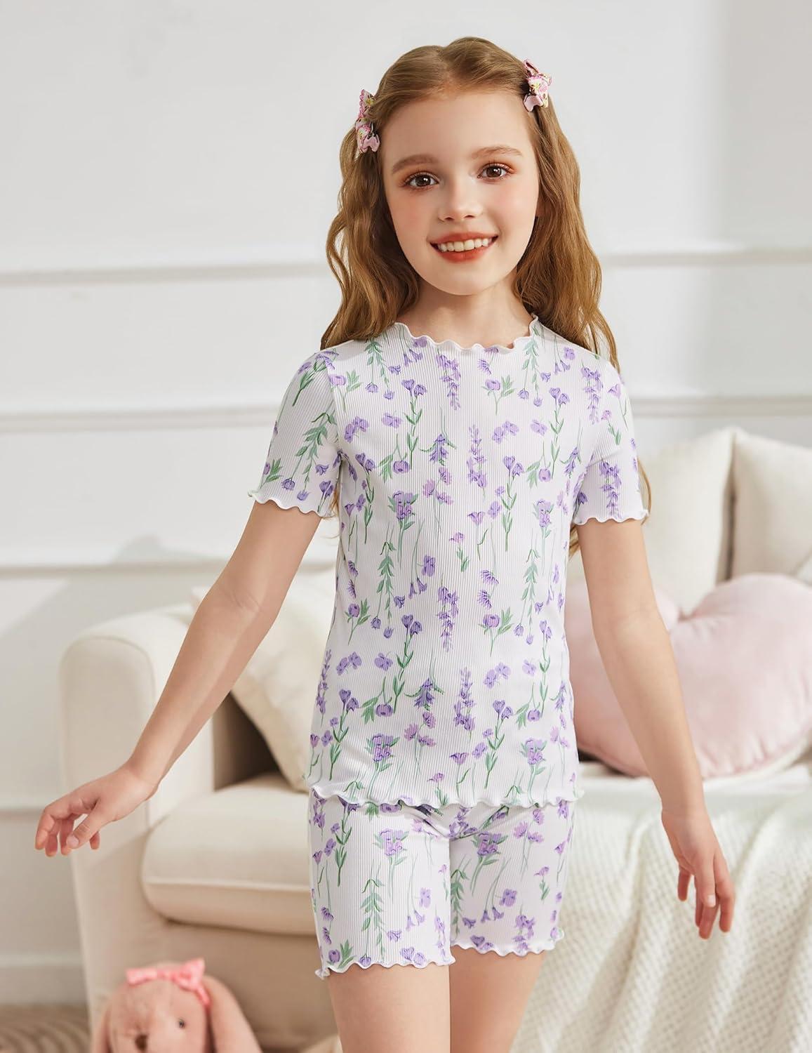 image:imageArshiner Girls Pajamas Cute Lettuce Loungewear Snug Fit Pjs Set Kid Summer SleepwearWhite Purple Flowers