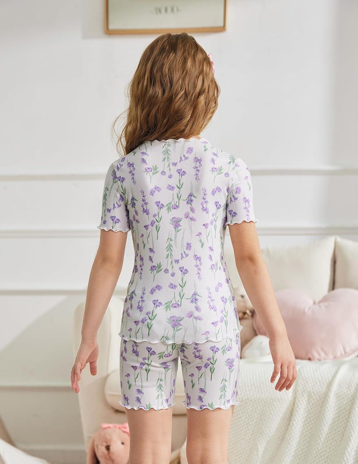 image:imageArshiner Girls Pajamas Cute Lettuce Loungewear Snug Fit Pjs Set Kid Summer SleepwearWhite Purple Flowers