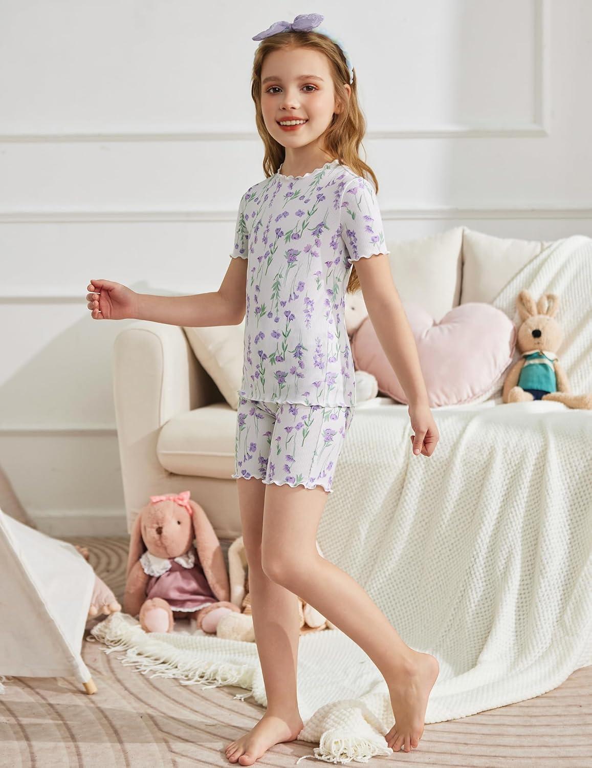 image:imageArshiner Girls Pajamas Cute Lettuce Loungewear Snug Fit Pjs Set Kid Summer SleepwearWhite Purple Flowers