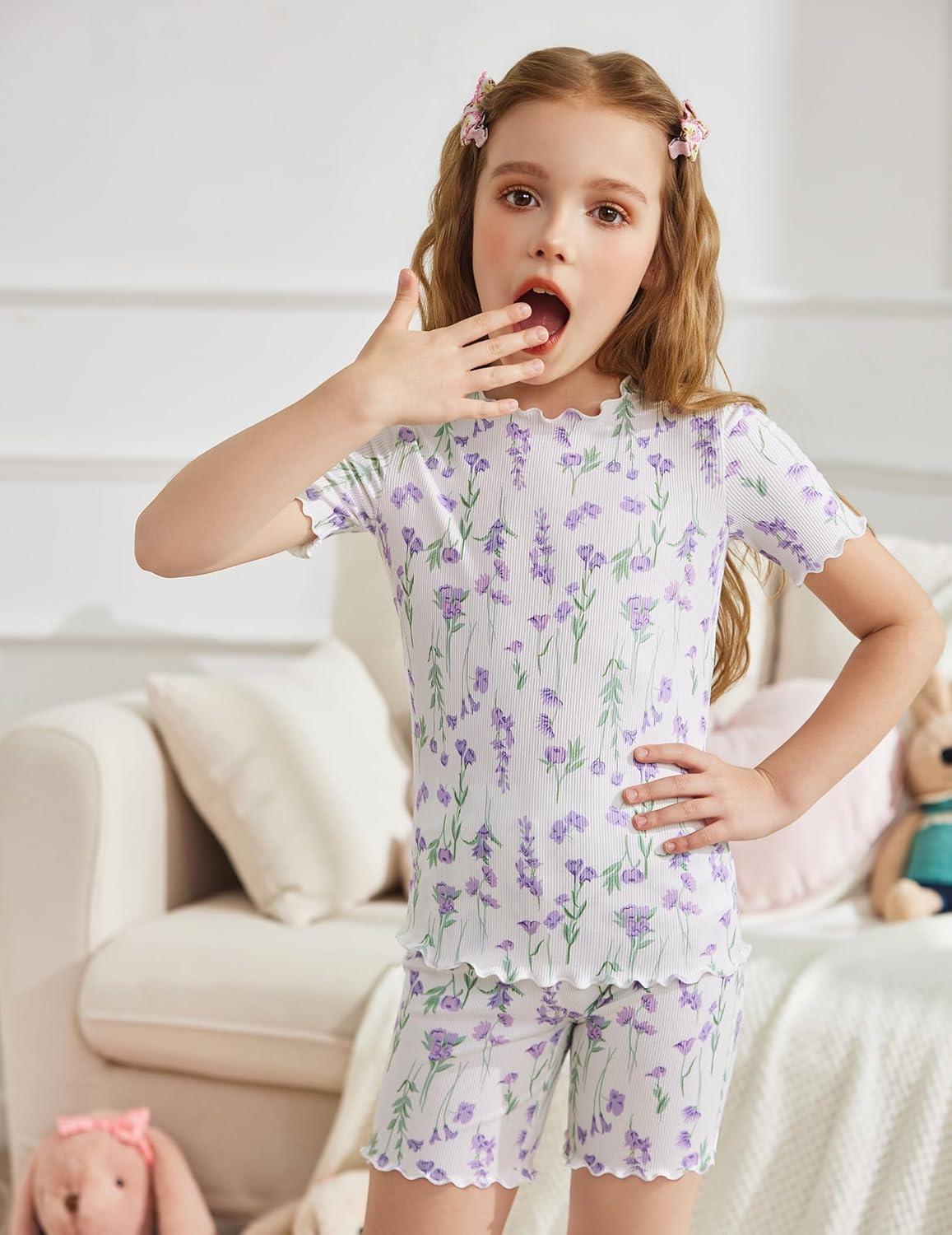image:imageArshiner Girls Pajamas Cute Lettuce Loungewear Snug Fit Pjs Set Kid Summer SleepwearWhite Purple Flowers