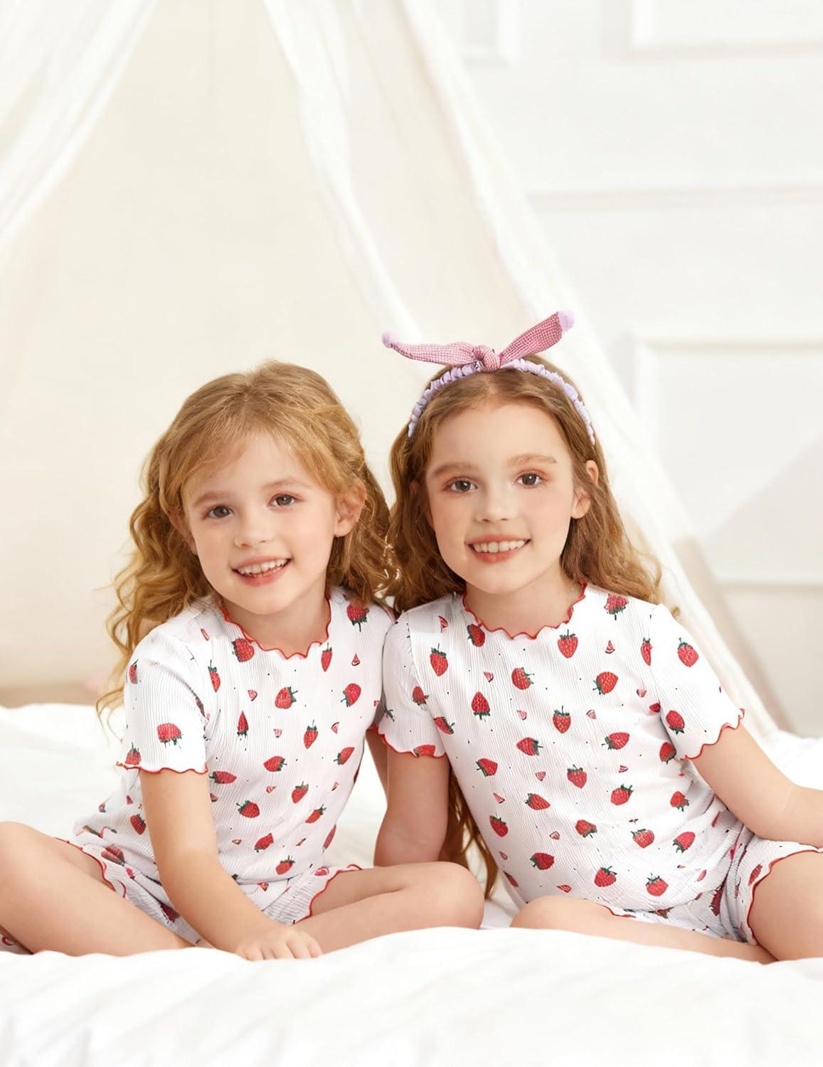 image:imageArshiner Girls Pajamas Cute Lettuce Loungewear Snug Fit Pjs Set Kid Summer SleepwearWhite Strawberries