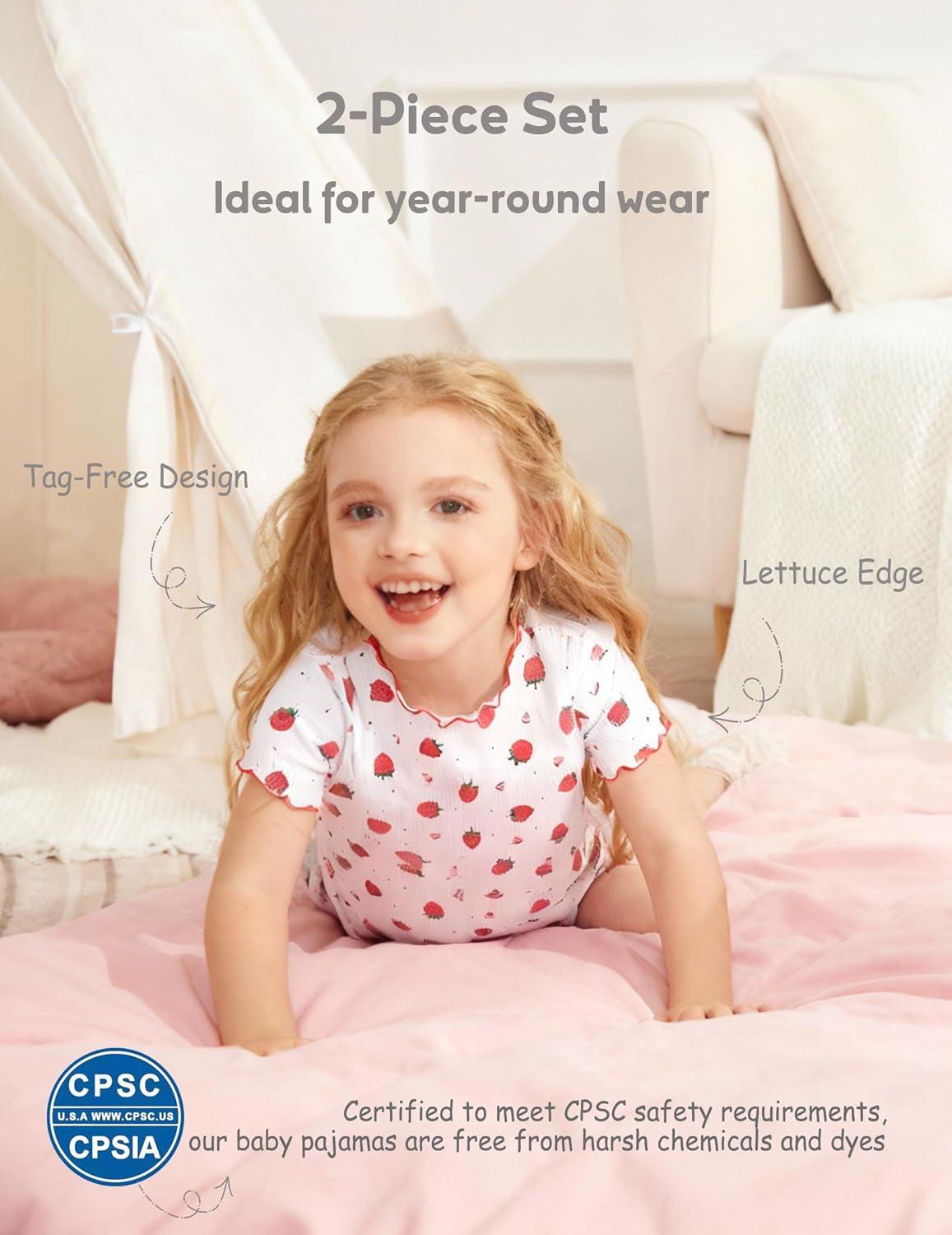 image:imageArshiner Girls Pajamas Cute Lettuce Loungewear Snug Fit Pjs Set Kid Summer SleepwearWhite Strawberries