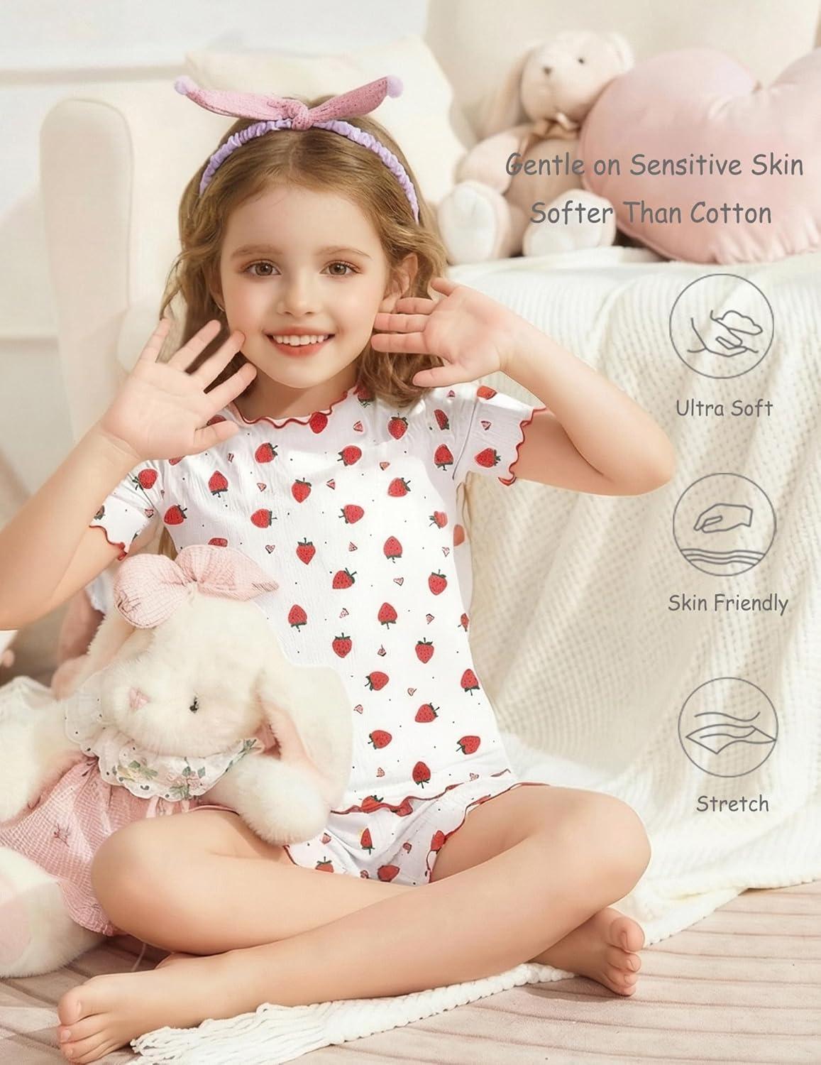 image:imageArshiner Girls Pajamas Cute Lettuce Loungewear Snug Fit Pjs Set Kid Summer SleepwearWhite Strawberries