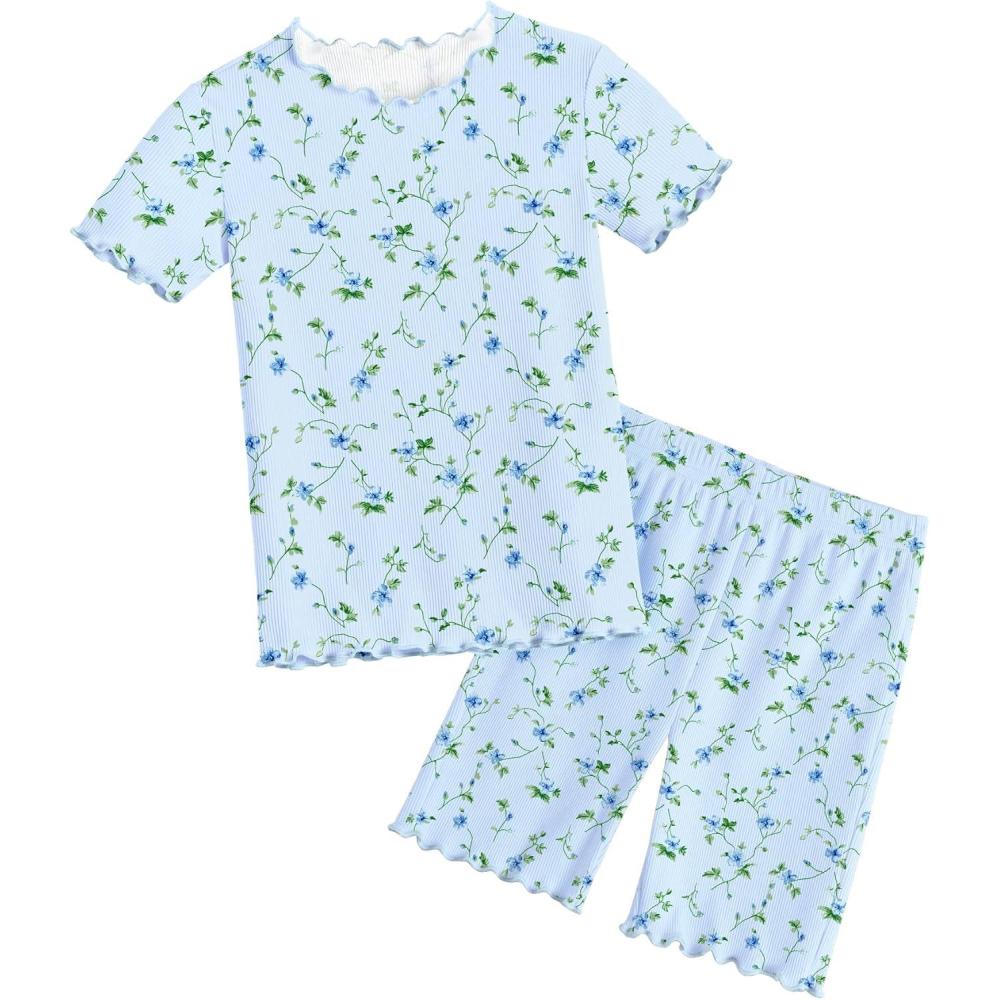image:imageArshiner Girls Pajamas Cute Lettuce Loungewear Snug Fit Pjs Set Kid Summer SleepwearBlue Flowers