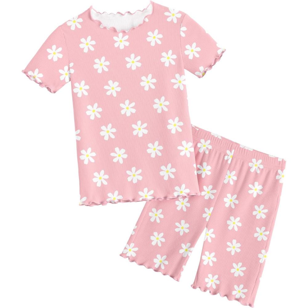 image:imageArshiner Girls Pajamas Cute Lettuce Loungewear Snug Fit Pjs Set Kid Summer SleepwearPink Flowers