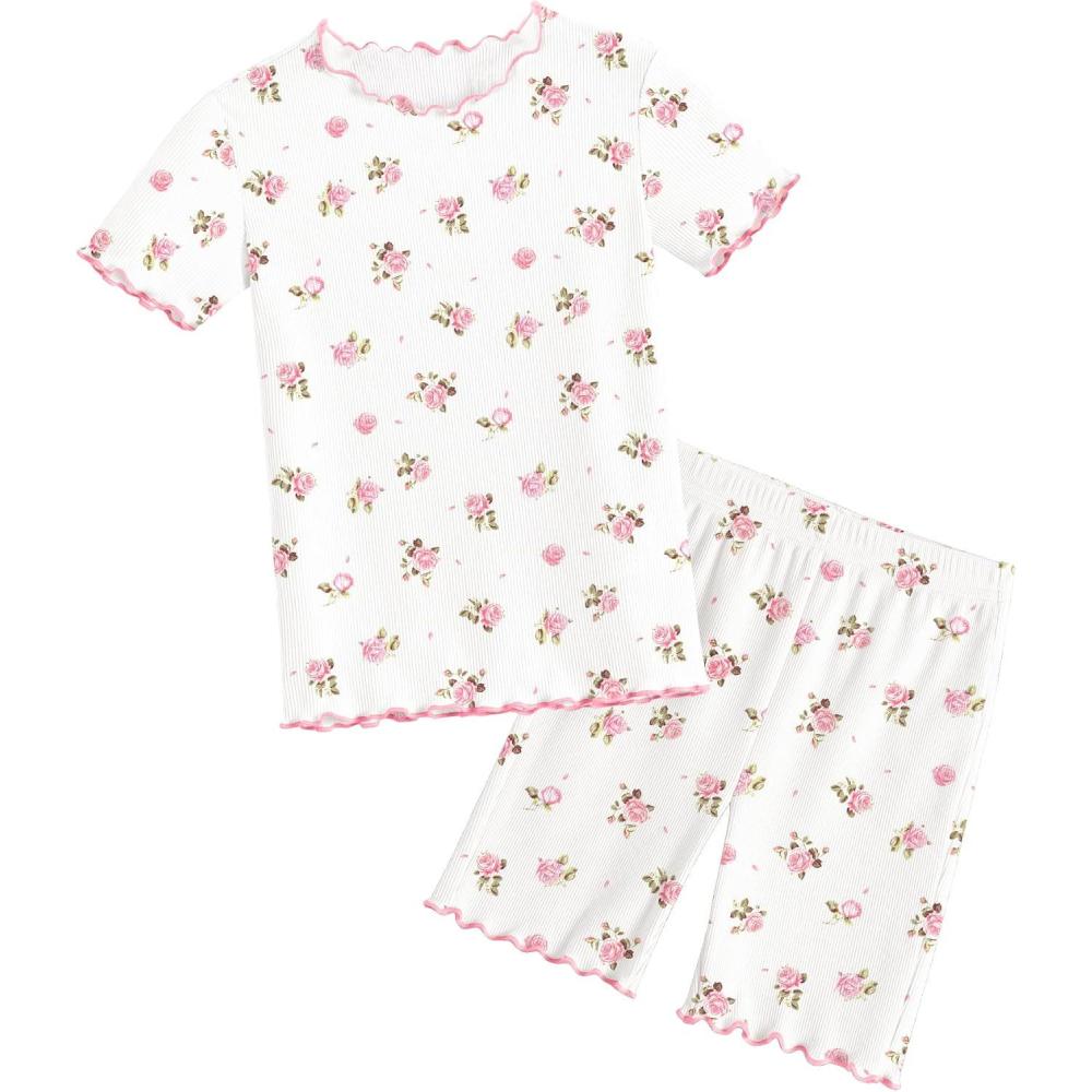 image:imageArshiner Girls Pajamas Cute Lettuce Loungewear Snug Fit Pjs Set Kid Summer SleepwearWhite Flowers