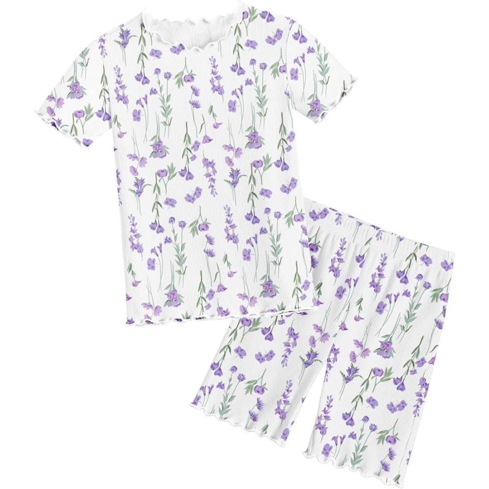 image:imageArshiner Girls Pajamas Cute Lettuce Loungewear Snug Fit Pjs Set Kid Summer SleepwearWhite Purple Flowers