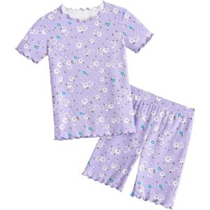 Arshiner Girls Pajamas Cute Lettuce Loungewear Snug Fit Pjs Set Kid Summer Sleepwear(Light Purple Flowers)