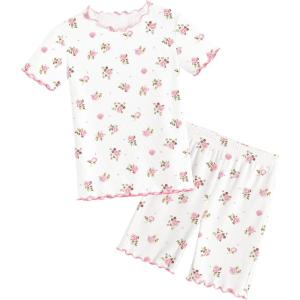 Arshiner Girls Pajamas Cute Lettuce Loungewear Snug Fit Pjs Set Kid Summer Sleepwear(White Flowers)
