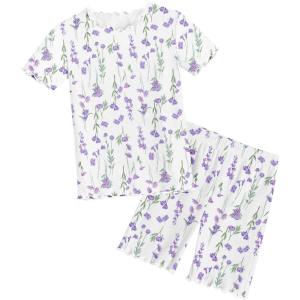 Arshiner Girls Pajamas Cute Lettuce Loungewear Snug Fit Pjs Set Kid Summer Sleepwear(White Purple Flowers)