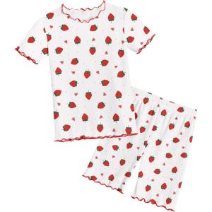 Arshiner Girls Pajamas Cute Lettuce Loungewear Snug Fit Pjs Set Kid Summer Sleepwear(White Strawberries)
