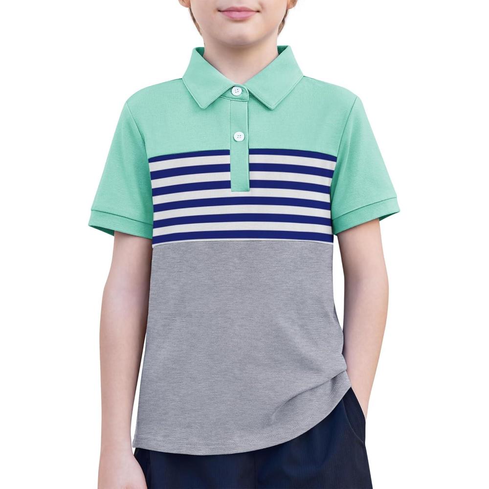 image:imageBoys Striped Polo Shirt Short Sleeve Golf Shirt School Uniform Shirts Summer Active Performance Tops for Kid 412 YearsIce Green