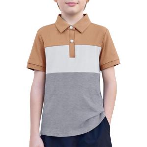 Boys Striped Polo Shirt Short Sleeve Golf Shirt School Uniform Shirts Summer Active Performance Tops for Kid 4-12 Years(Camel)