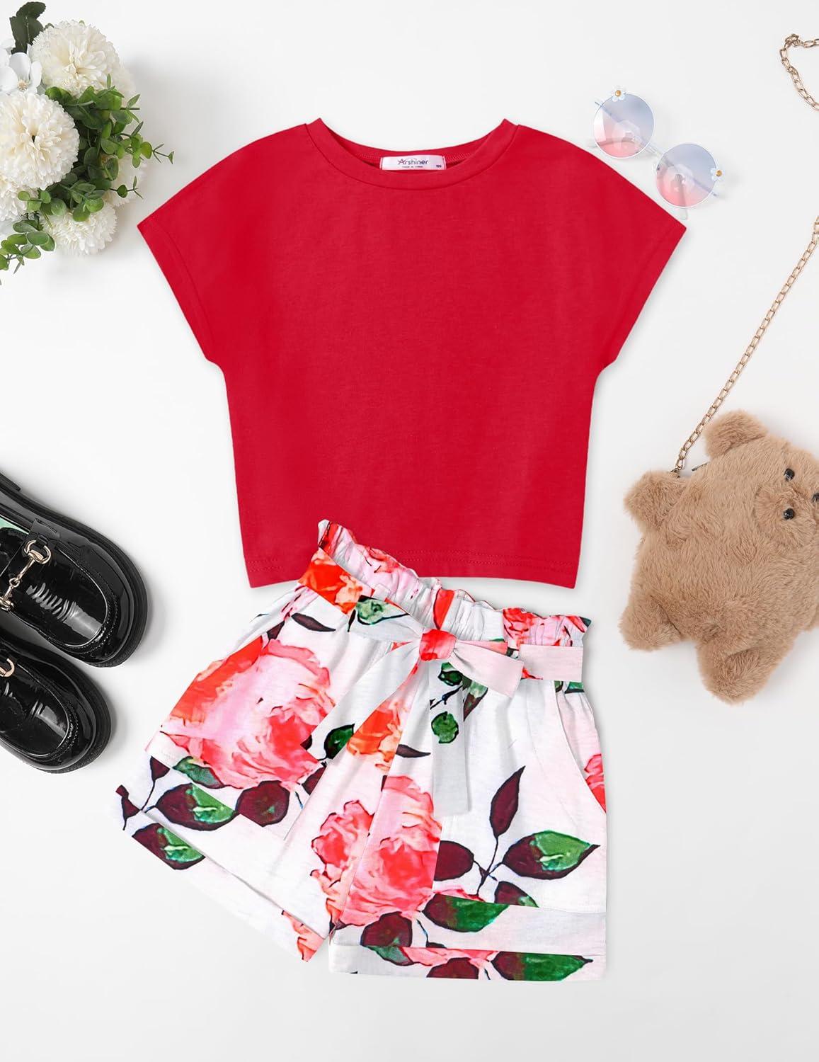 image:imageArshiner Girls 2 Piece Outfit Summer Drop Shoulder Batwing Sleeve Tops and Paperbag Waist Shorts Set Cute Clothing Size 614Redflower2