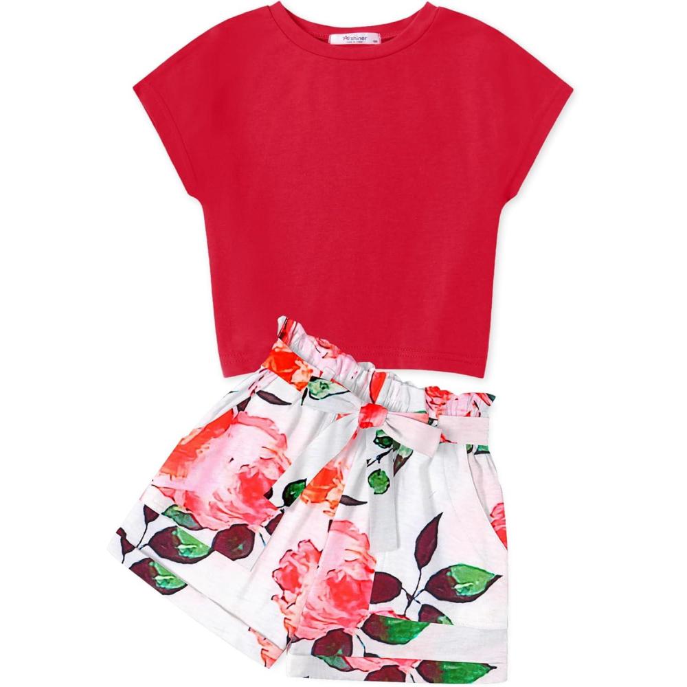 image:imageArshiner Girls 2 Piece Outfit Summer Drop Shoulder Batwing Sleeve Tops and Paperbag Waist Shorts Set Cute Clothing Size 614Redflower2