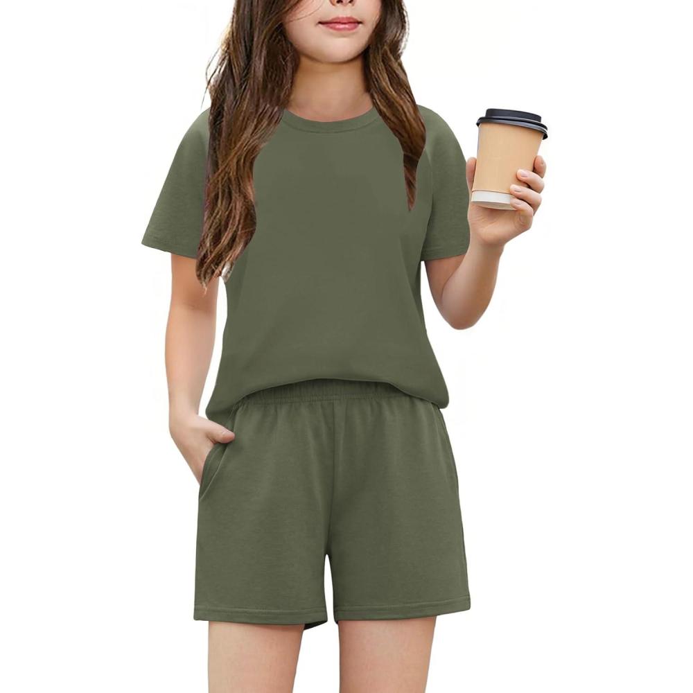 image:imageArshiner Girls 2 Piece Outfits Summer Clothes Fashion Short Sleeve Pullover Tops and Shorts with Pockets Kids Clothing SetArmy Green