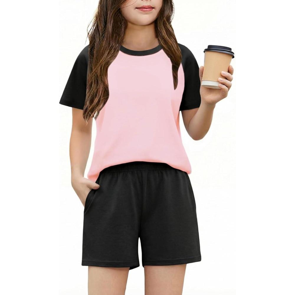 image:imageArshiner Girls 2 Piece Outfits Summer Clothes Fashion Short Sleeve Pullover Tops and Shorts with Pockets Kids Clothing SetBlackpink