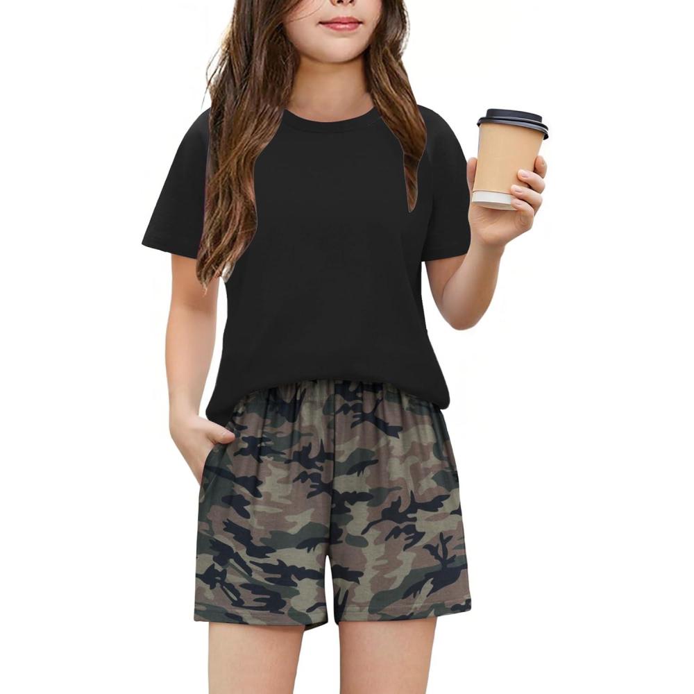 image:imageArshiner Girls 2 Piece Outfits Summer Clothes Fashion Short Sleeve Pullover Tops and Shorts with Pockets Kids Clothing SetCamouflage