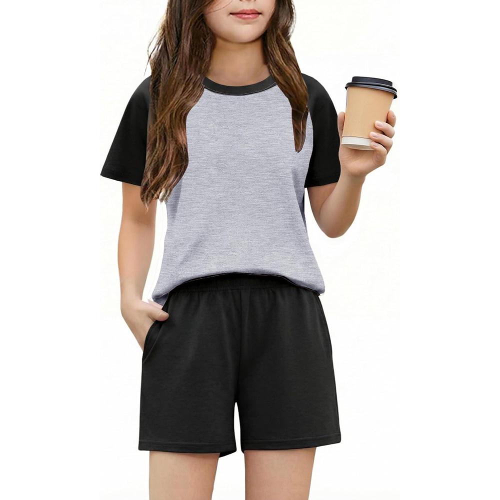 image:imageArshiner Girls 2 Piece Outfits Summer Clothes Fashion Short Sleeve Pullover Tops and Shorts with Pockets Kids Clothing SetGreyblack
