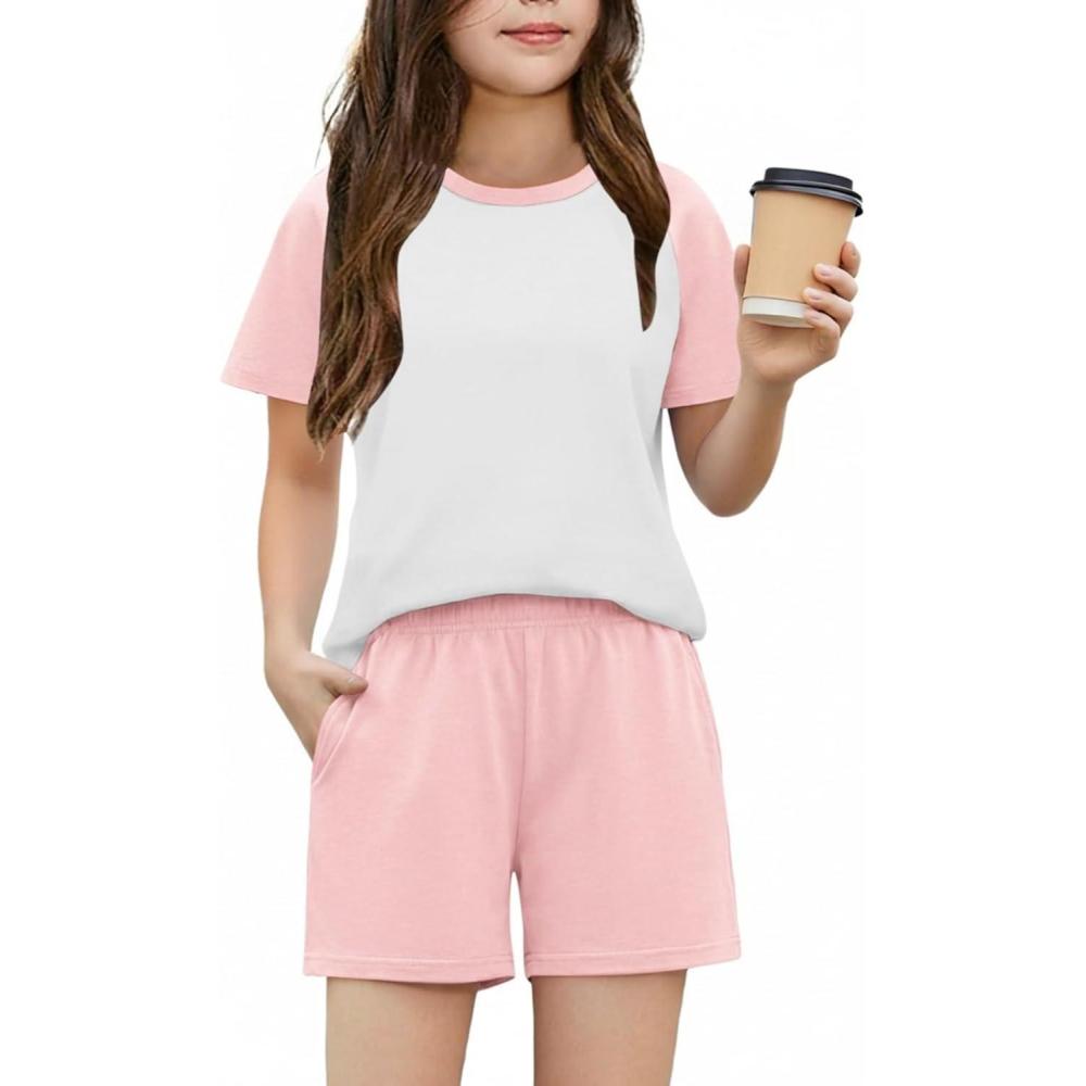 image:imageArshiner Girls 2 Piece Outfits Summer Clothes Fashion Short Sleeve Pullover Tops and Shorts with Pockets Kids Clothing SetLight Pink