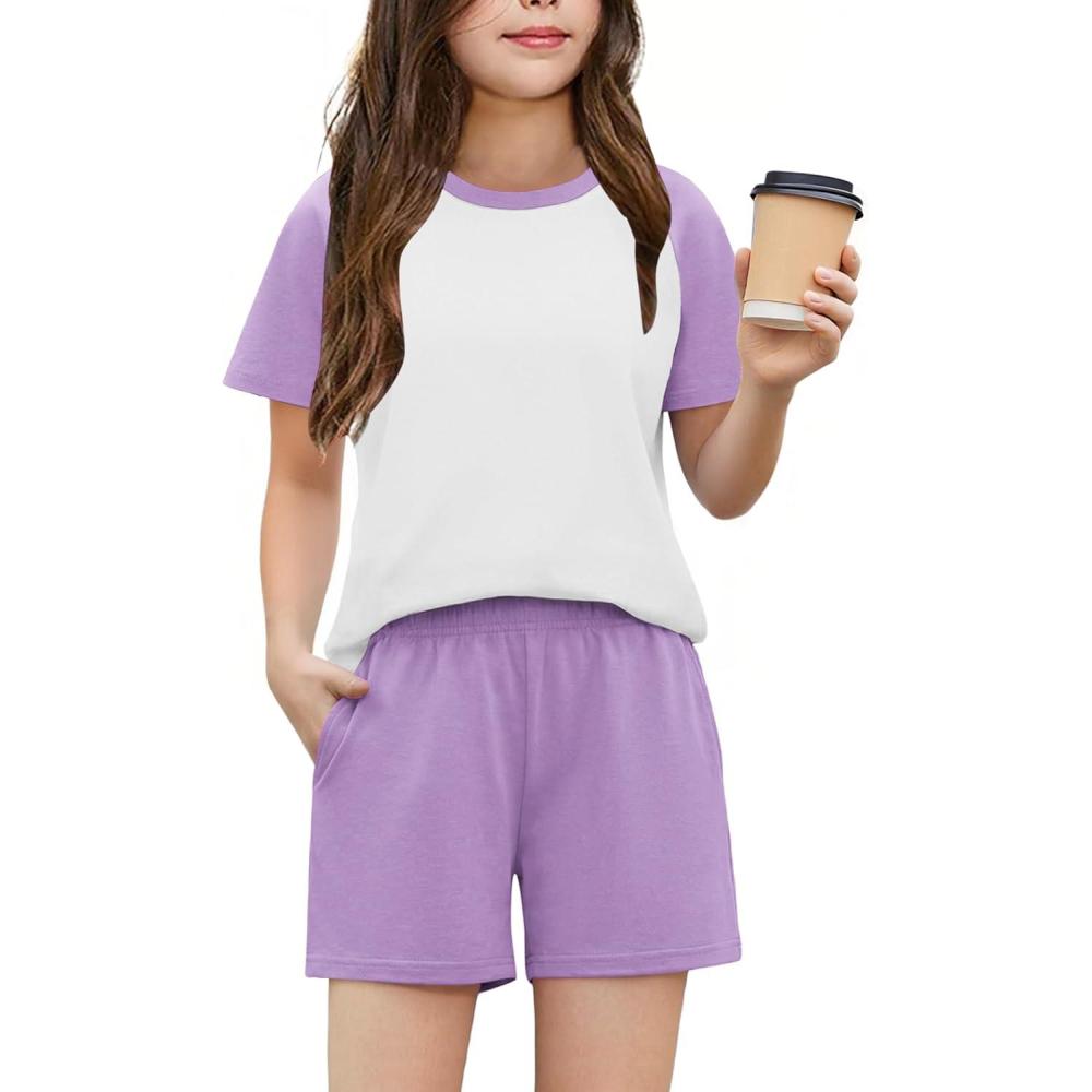 image:imageArshiner Girls 2 Piece Outfits Summer Clothes Fashion Short Sleeve Pullover Tops and Shorts with Pockets Kids Clothing SetLight Purple