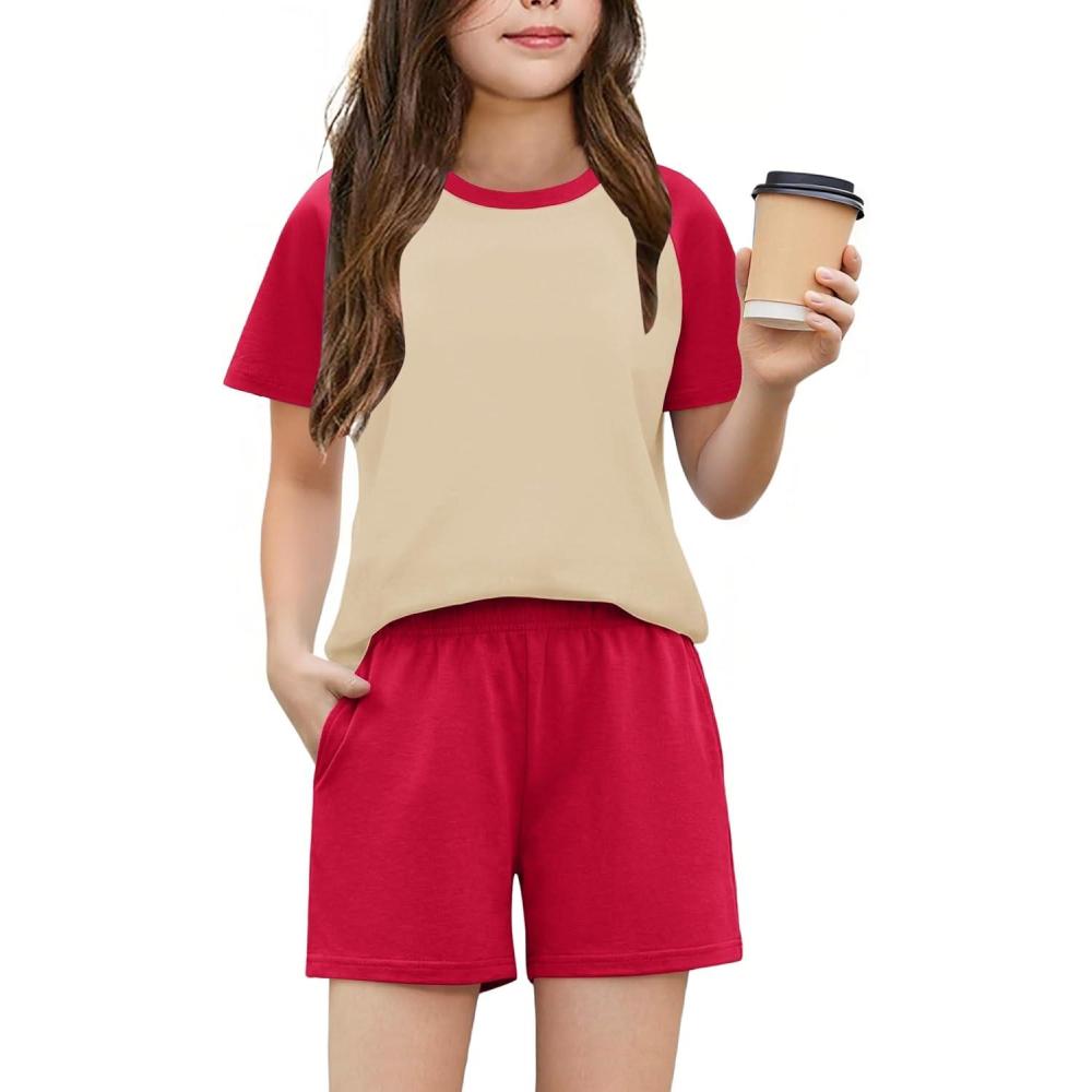 image:imageArshiner Girls 2 Piece Outfits Summer Clothes Fashion Short Sleeve Pullover Tops and Shorts with Pockets Kids Clothing SetRedbeige