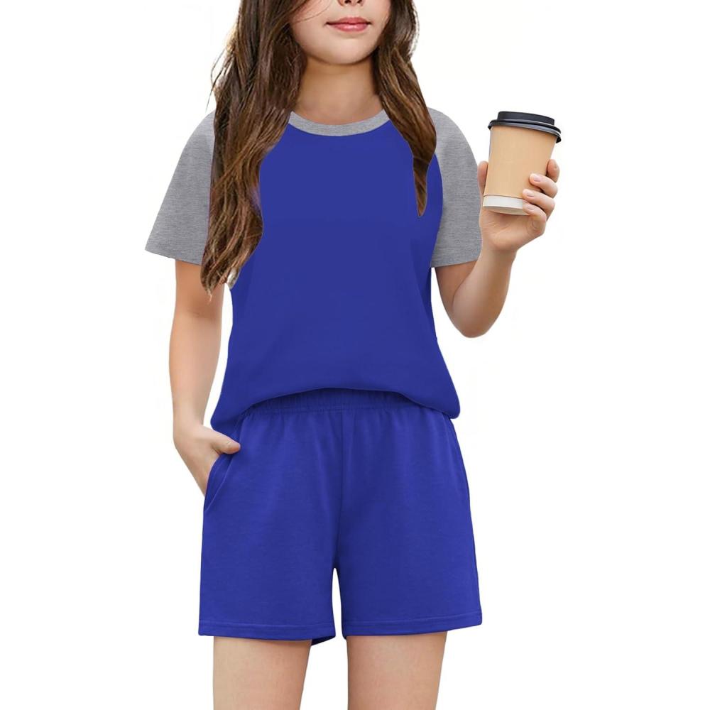 image:imageArshiner Girls 2 Piece Outfits Summer Clothes Fashion Short Sleeve Pullover Tops and Shorts with Pockets Kids Clothing SetRoyal Bluegrey