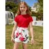 Arshiner Girls 2 Piece Outfit Summer Drop Shoulder Batwing Sleeve Tops and Paperbag Waist Shorts Set Cute Clothing Size 6-14(Red-flower2)
