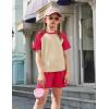 Arshiner Girls 2 Piece Outfits Summer Clothes Fashion Short Sleeve Pullover Tops and Shorts with Pockets Kids Clothing Set(Red&beige)