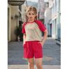 Arshiner Girls 2 Piece Outfits Summer Clothes Fashion Short Sleeve Pullover Tops and Shorts with Pockets Kids Clothing Set(Red&beige)