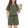 Arshiner Girls 2 Piece Outfits Summer Clothes Fashion Short Sleeve Pullover Tops and Shorts with Pockets Kids Clothing Set(Army Green)