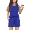 Arshiner Girls 2 Piece Outfits Summer Clothes Fashion Short Sleeve Pullover Tops and Shorts with Pockets Kids Clothing Set(Royal Blue&grey)