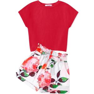 Arshiner Girls 2 Piece Outfit Summer Drop Shoulder Batwing Sleeve Tops and Paperbag Waist Shorts Set Cute Clothing Size 6-14(Red-flower2)